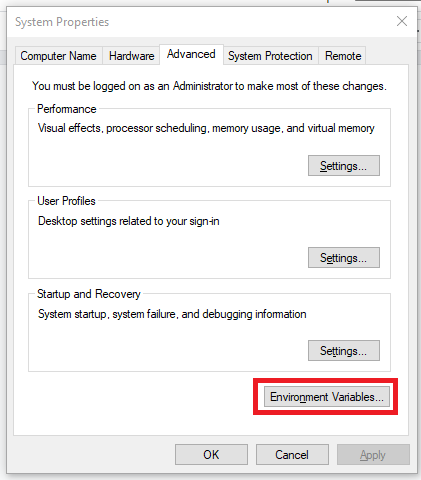 Screenshot of the System Properties windows, highlighting the "Environmental Variables…​" button