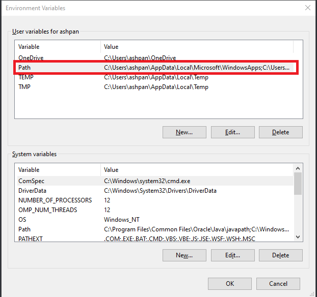 Screenshot of the Environmental Variables window, highlighting the User "Path" variable